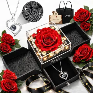 Forever Love Preserved Real Rose with Heart Necklace, Mothers Day Gifts for Mom, Wife, Anniversary Birthday Gifts for Women – Projects “I Love You” in 100 Languages