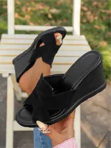 A pair of new large-size women's cross-strap open-toe wedge heel slip-on sandals, fashionable, simple, comfortable, suitable for daily commuting and shopping, versatile sandals, Shoe, Wedged Sandals