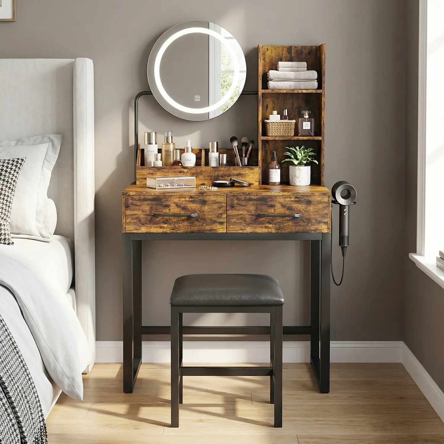 Spaco Illuminated Makeup Vanity with LED Lights-3 Color Modes, Sturdy Metal Legs, Power Outlet, 2 Big Drawers & Included Metal Chair - Stylish, Modern, Multi-Mode, Drawer-Style Brown Dressing Table for Bedroom, Stylish Makeup Vanities, Modern Makeup Vanit