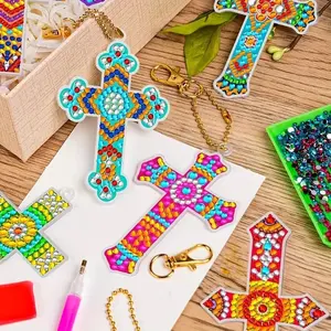 Set of 12 Mandala Cross Diamond Painting Keychains, Vibrant Intricate Design with Special-Shaped Rhinestones, High-Quality Craft Supplies