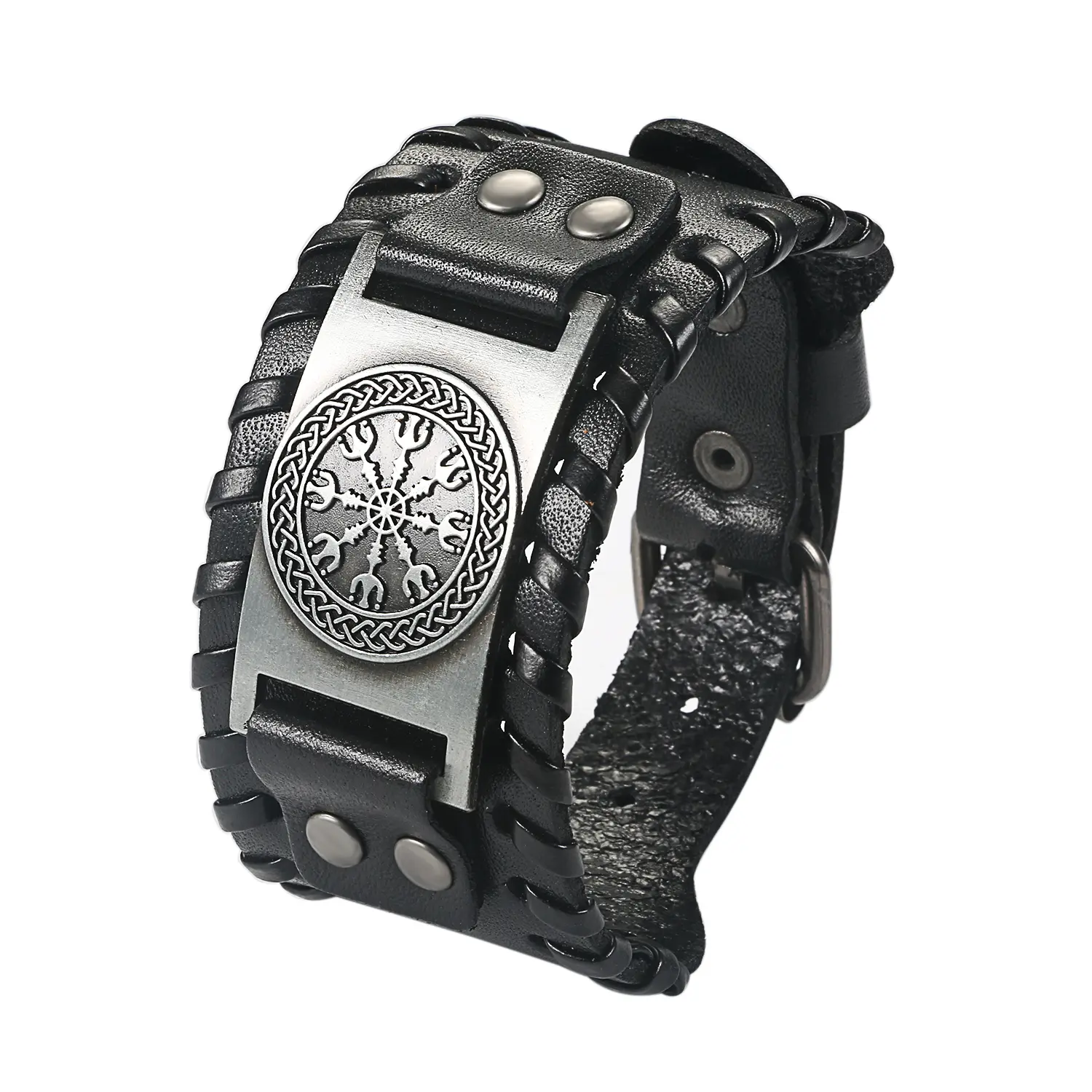 OIDEA Nordic Vegvisir Runic Compass Wide Leather Cuff Bracelet for Men - Viking Celtic Talisman Pagan Wristband, Collectibles, Adjustable, 0.93 oz, 1.45" Width, 10.63" Length, 6.3"-8.26" Fit, Black Brown, Dimensions