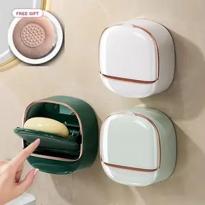 Luxury Wall Mounted Soap Holder with Drain Tray and Free Bath Sponge, Waterproof Adhesive Soap Dish Case Box, Keeps Soap Bars Dry, Bathroom Shower Soap Holder, White