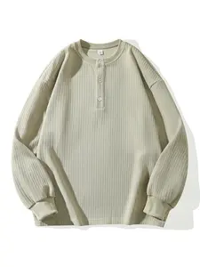 Men's Waffle Knit Henley Shirt, Oversized Long Sleeve Thermal Top, 3-Button Placket, Soft Breathable Fabric, Fitted Minimalist Style