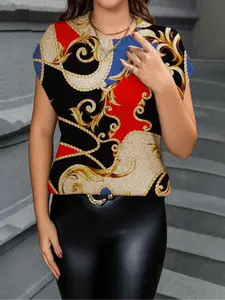 Baroque Style Colorblock Print Round Neck Sweater, Casual Short Sleeve Knitwear for Spring Summer Fall, Comfortable Warm Women's Clothing