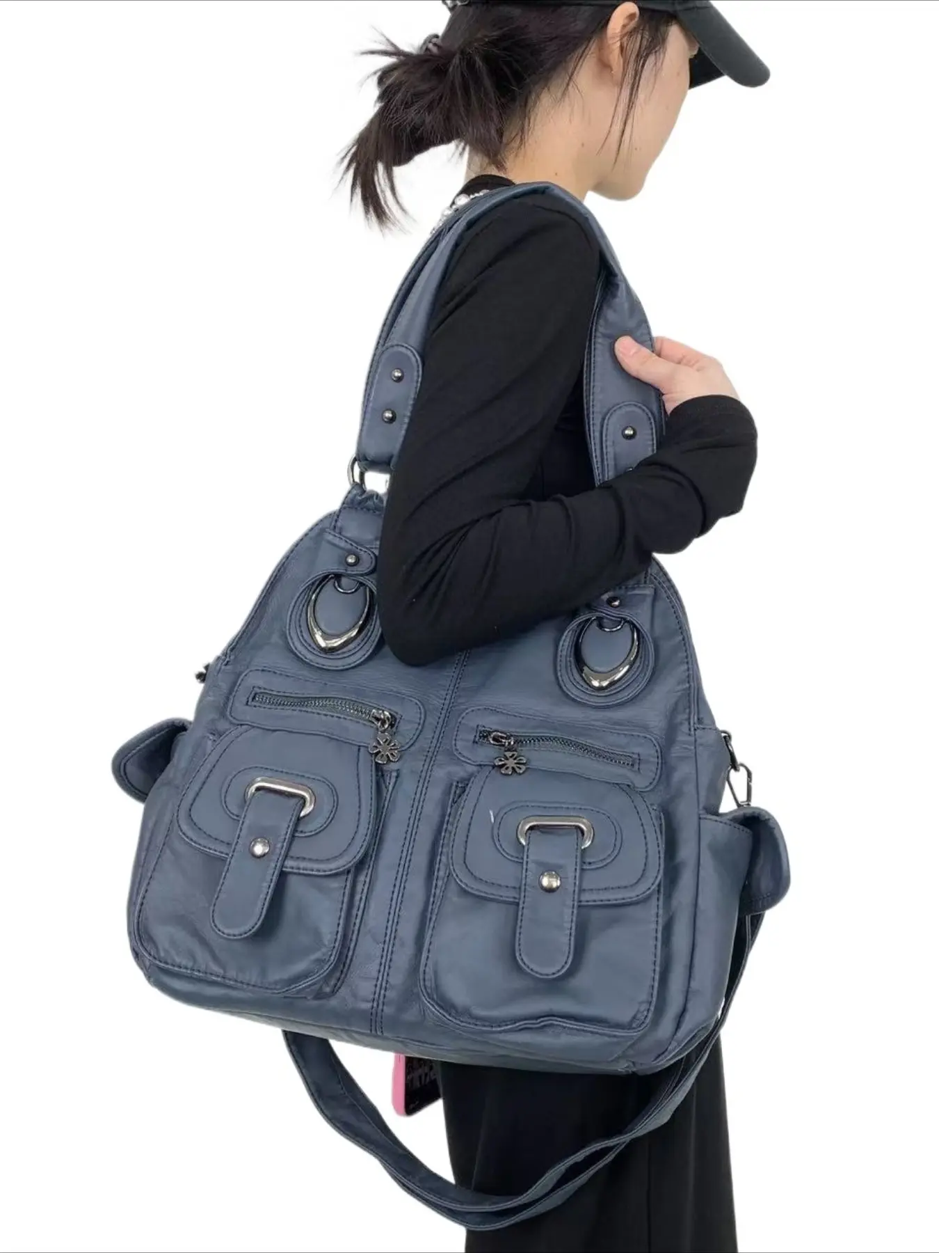 Ladies' retro motorcycle handbag, Stylish bag, washed spicy girl wasteland style multi pocket shoulder bag with detachable shoulder strap, large capacity diagonal cross bag, personalized street Y2K handbag, rivet design, suitable for daily commuting