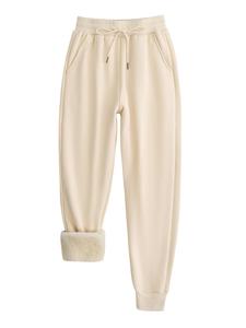 women's plain drawstring waist pocket sweatpants, casual soft comfy thermal lined jogger pants for fall & winter, women's trousers for daily wear