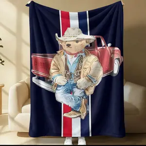 College Style Denim Bear Striped Blanket, Lightweight Portable Nap Blanket, Ideal for Office Naps, Sofa, Bedroom