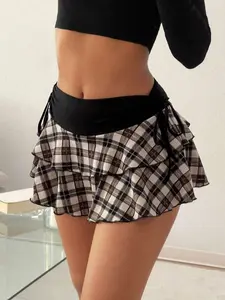 SHEIN EZwear Summer Plaid College Ruffle Hem Ruffled Patchwork Mini Skirt Women's Solid Color Plaid Patchwork Mini Skirt