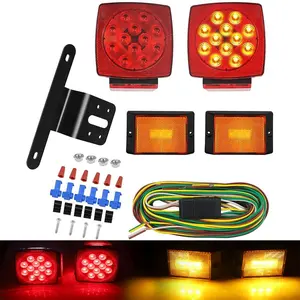 12V IP67 Submersible Square LED Trailer Tail Light Kit, Waterproof Stop Turn Brake Signal Lights, Amber Clearance Markers, DOT Compliant, Full Wiring Harness for Boat Truck Under 80”