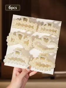 6pcs elegant pearl hairpin suit, imitation pearl decoration, heart and rectangular shape, plastic, medium size, solid color, Christmas fashion hair accessories for women