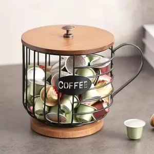 Coffee Capsule Storage Rack, 1 Count Coffee Capsule Holder with Wooden Base, Decorative Storage Basket for Coffee, Snack and Candy, Organizer