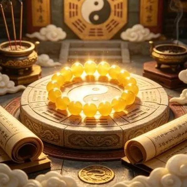 Natural Yellow Crystal Taoist-Style Bracelet, Oriental Ornament Symbolizing Prosperity & Career Progress