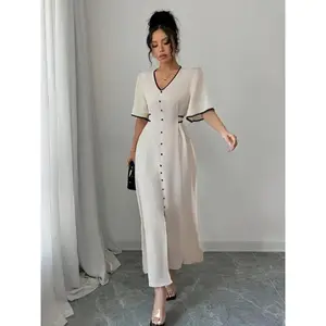 Women’s contrast-color trim V-neck dress, an elegant and fashionable casual dress suitable for everyday outdoor wear—summer clothing for women GARMENTARY
