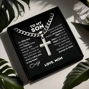 1pc "to My Son" Stainless Steel Cross Pendant Necklace, Birthday Gift, Valentine's Day Gift, Christmas Gift, with Card and Gift Box Packaging, the Perfect Gift for Loved Ones Personalized