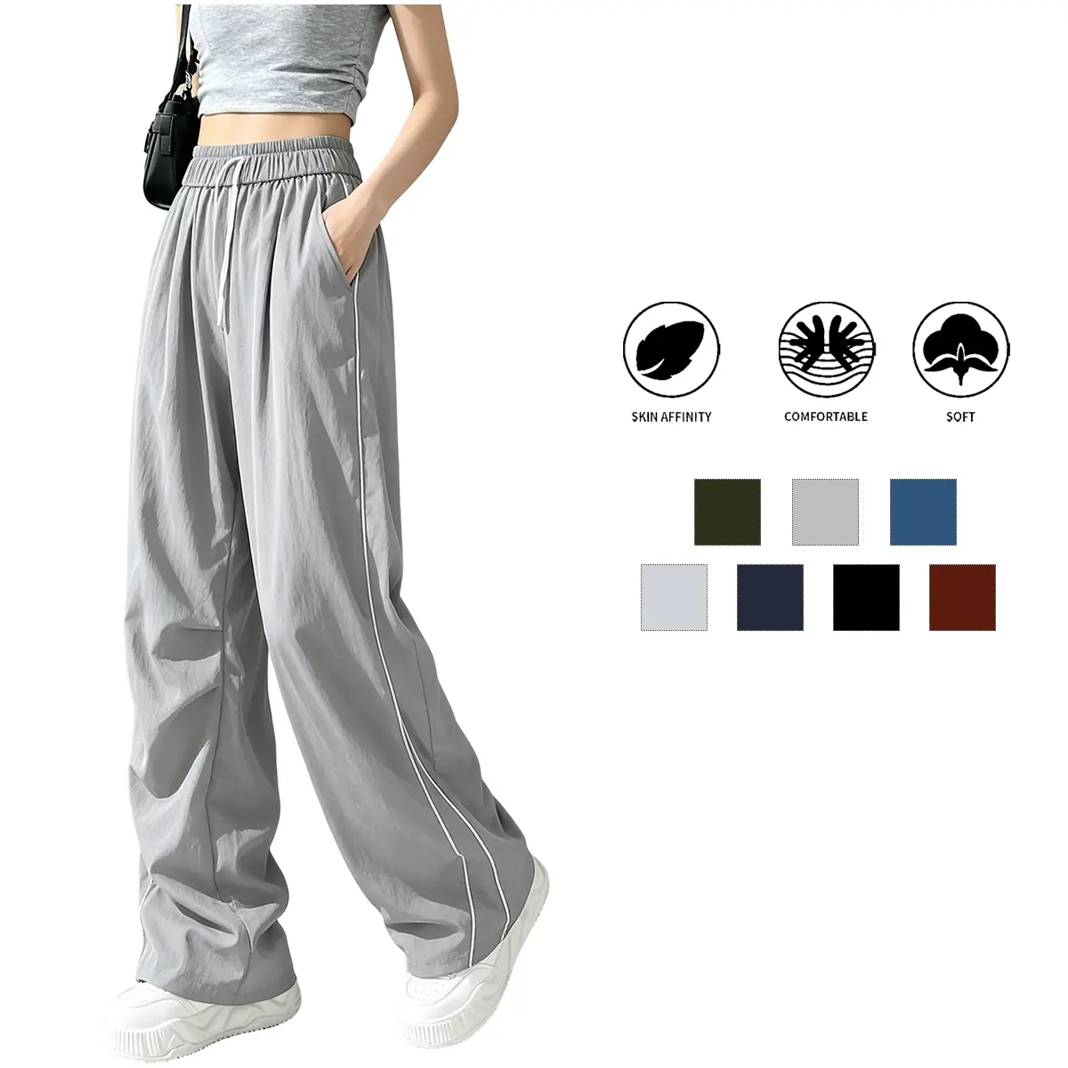 Women’s long pants: casual quick-dry, lightweight, loose high-waisted wide-leg gaucho pants with an adjustable elastic waistband and pockets; capri pants with similar features. Ideal for hiking, sports, everyday wear, and summer; all-weather knit fabric;
