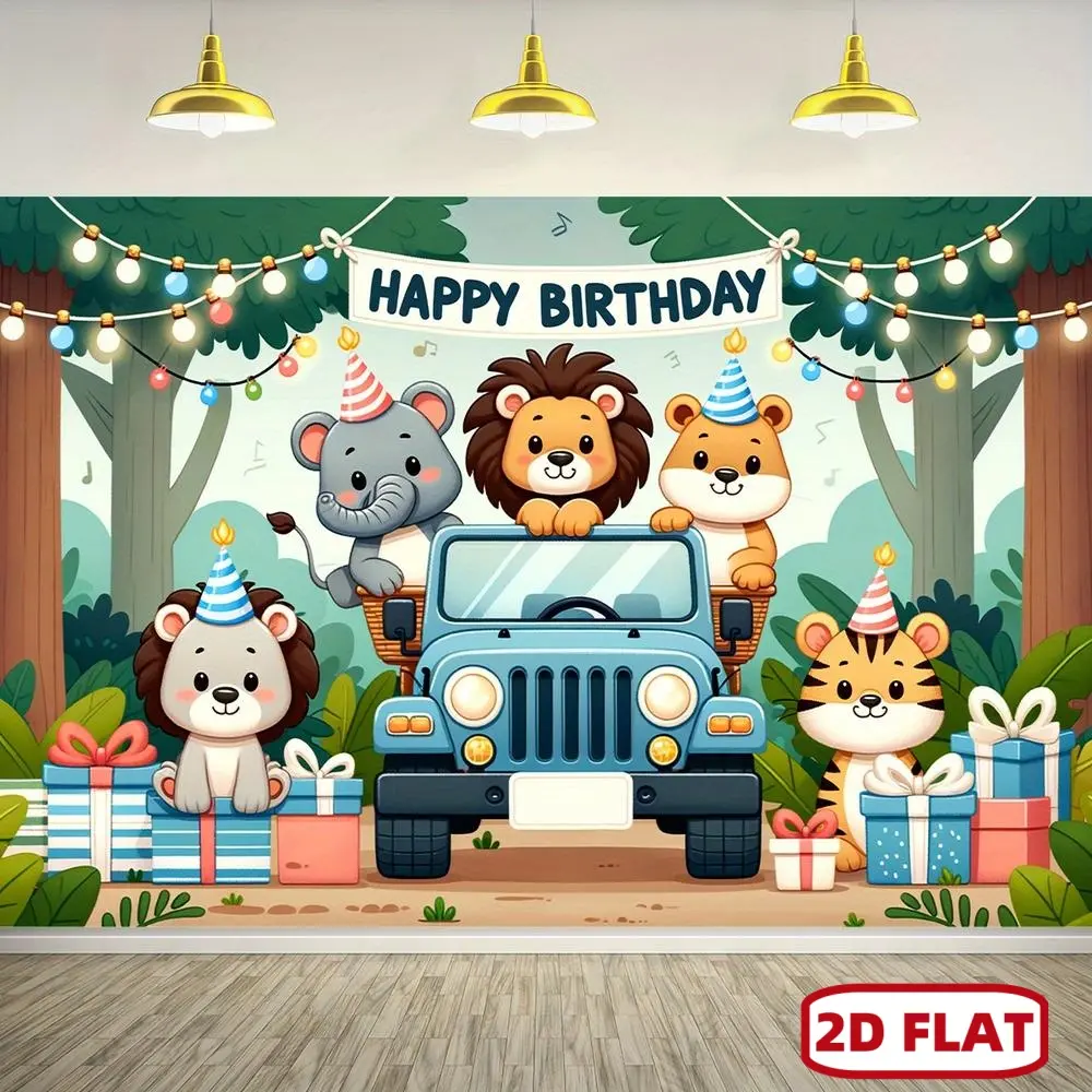 1pc 2D Flat Tropical Jungle Safari Birthday Party Backdrop - Wild Animals Theme with Lion & Elephant, ployester Banner for Garden Celebrations, Safari Birthday Decorations