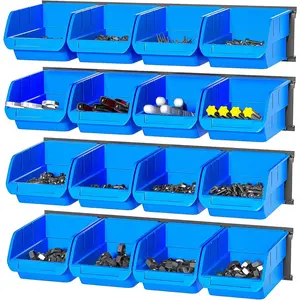 Wall Mounted Storage Bins, Plastic  Storage Organizer Bins, Garage Tool Storage System for Screws, Nuts, , Nails, and Small Hardware , 16x bins & 4 x rails, Blue