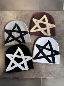 Y2K Pentagram Knit Hat for Autumn Winter, Fitted Design Fashionable Versatile Warm Cap, Hip-Hop Style, Perfect for Outdoor Skiing Hiking Street Parties, Beanie Fitted