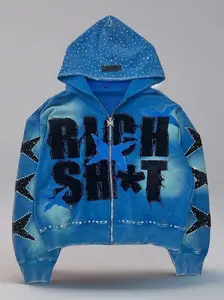 Vintage Washed Rhinestone Hood Lined Zip Up Hoodie Rugged Reinforced Stitching Star Applique Patch Oversized Relax Fit Full Zip Streetwear Graphic Jacket Skin Friendly Heavyweight Hoodies For Men Women