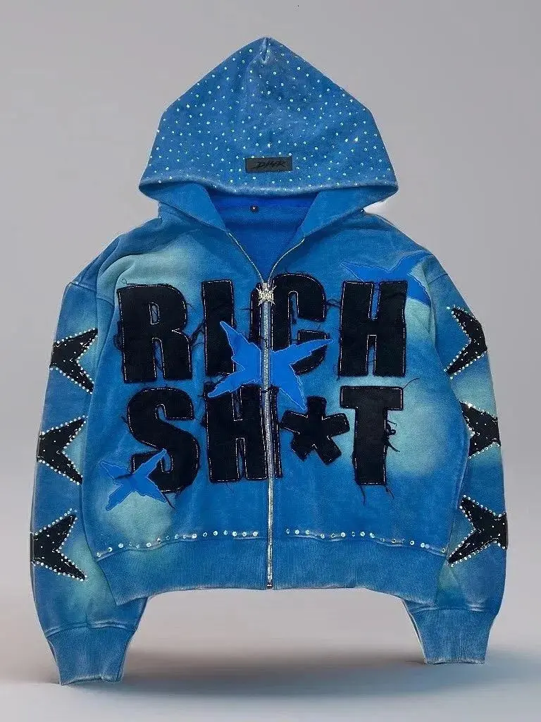 Retro washed printed hooded sweatshirt with lining fabric, zipper hooded jacket, tough reinforced stitching, star decal patch, oversized loose fit, full zipper, streetwear pattern jacket, skin friendly, thick men's and women's hoodies