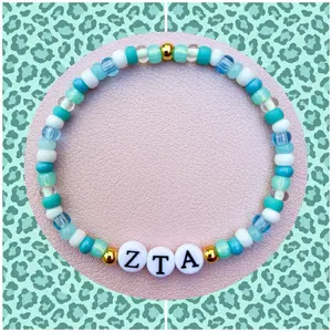 Zeta Tau Alpha Handmade Beaded Bracelet - Teal & White Beads with Gold Accents - Perfect for Sorority Events & Gifts - Czech Glass & Acrylic Beads