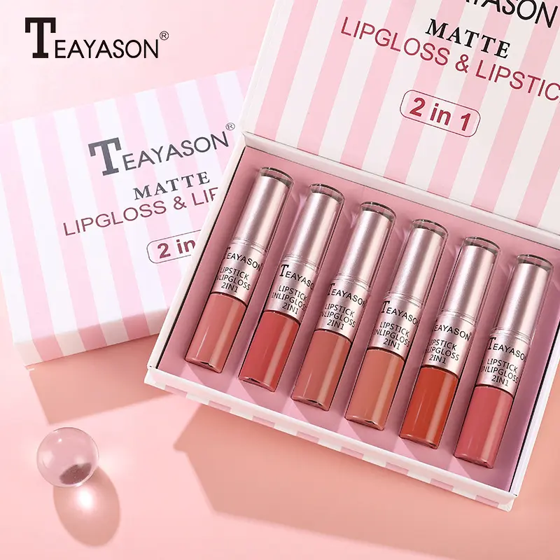 Cosmetic 6-Piece 2-in-1 Double-Ended Lipstick & Lip Gloss Gift Set, Matte & Glossy Finish, Waterproof, Long-Lasting, Brightening Lip Color