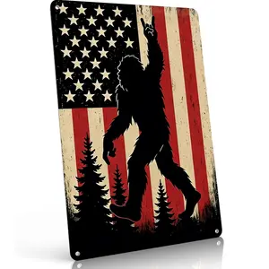 Bigfoot Rock On with American Flag Patriotic Retro Aluminum Metal Sign 8x12 Inch Sasquatch Wall Decor for Man Cave Garage Cabin Bedroom Rust Resistant Vintage Finish,home decor wall art,,funky room decor,vintage metal wall art,gift