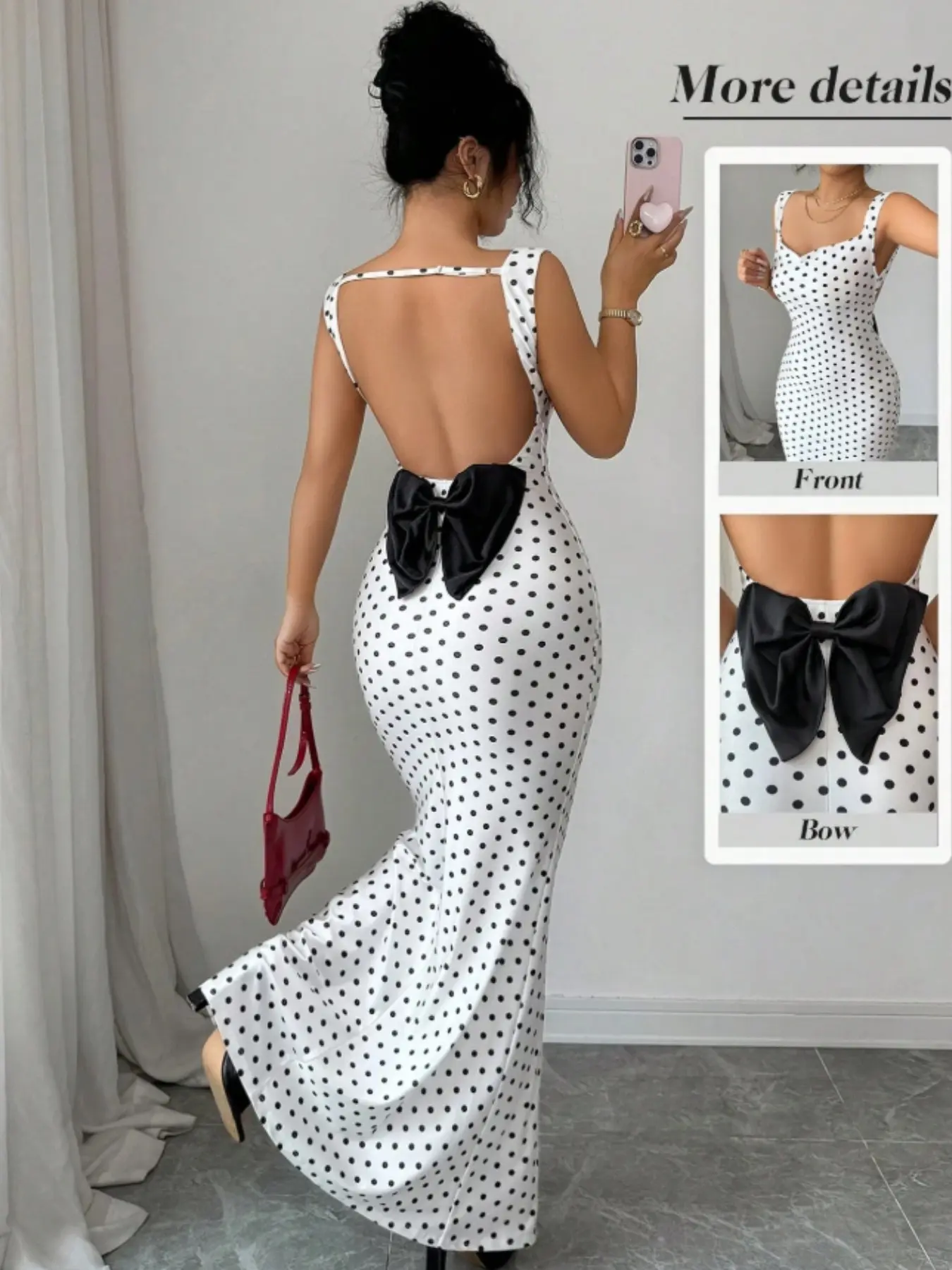 Elegant Retro Polka Dot Backless Patchwork Bow Fish Tail Dress, Perfect for Dates and Parties, Chic and Alluring Set, Spring and Summer
