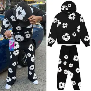 ELI Denim Hoodie Tracksuit 2 Pieces Unisex Running Clothing Long Sleeve Hoodie Denim Sweatshirt, Denim TersHoodie and Pants