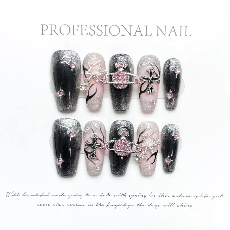 Salon Quality Press On Nail Sets, Square Coffin Black-Pink Cat Eye Design Handmade 100% Decorative Press-On False Nails & Accessories