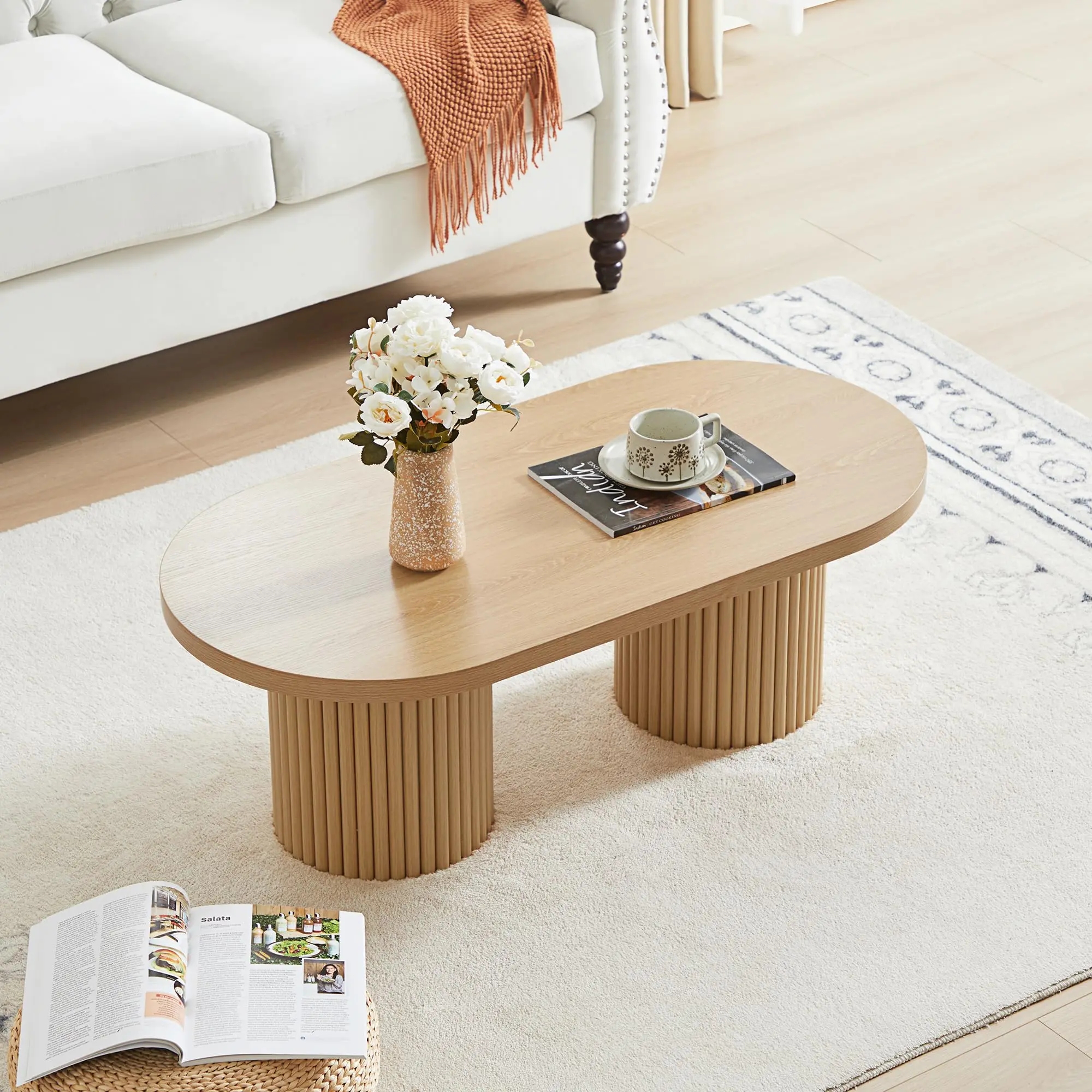 Giratree Fluted Oval Coffee Table for Living Room, Boho Modern Coffee Table with Fluted Legs, Curved Round Wood Center Table for Home, Small Spaces, Office