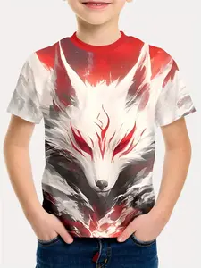 Summer Fashion Boy 3D Digital Print Ink God Beast Fox Pattern T-Shirt, 100% Polyester, Casual Fitted Long Sleeve Tee for Kids