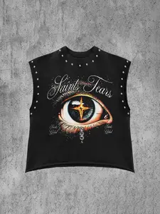 Men's Casual Fitted Sleeveless Knit Tee, Jesus Eye Graphic Print, Rivet Design, Perfect for Gym & Fitness & Summer Parties, Trendy Fashion Top, Fitness Tank Top, Menswear