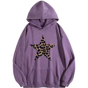 Holafish Women's Trendy Queen Leopard Print Star Print Acid Wash Hoodie Vintage Sweatshirt Oversized Loose Fit Winter Warm Streetwear Casual Tunic DF010