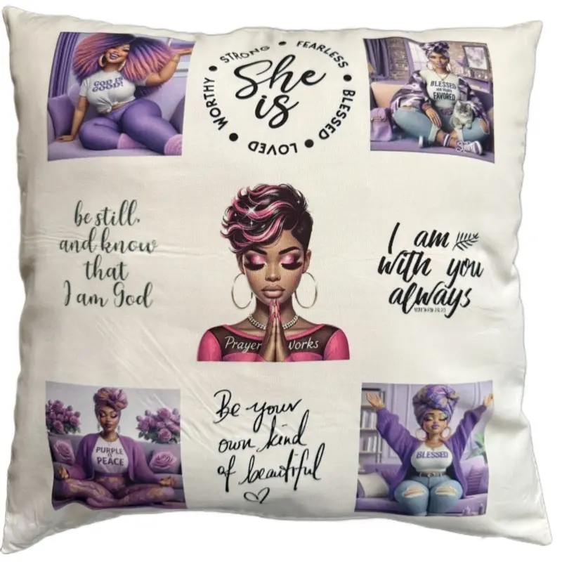 Prayer Pillow - She Is Strong Fearless Beautiful Loved with Inspirational Quotes and Motivational Images