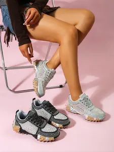 Women's Sparkling Rhinestone Sneakers with Studs and Geometric Patterns, Fashion Sequin Casual Shoes, Anti-Slip Rubber Sole, & Silver Color