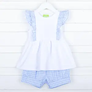 Pastel Blue Gingham Ruffle Kate Short Set - Cute Girl's 2Pc Outfit