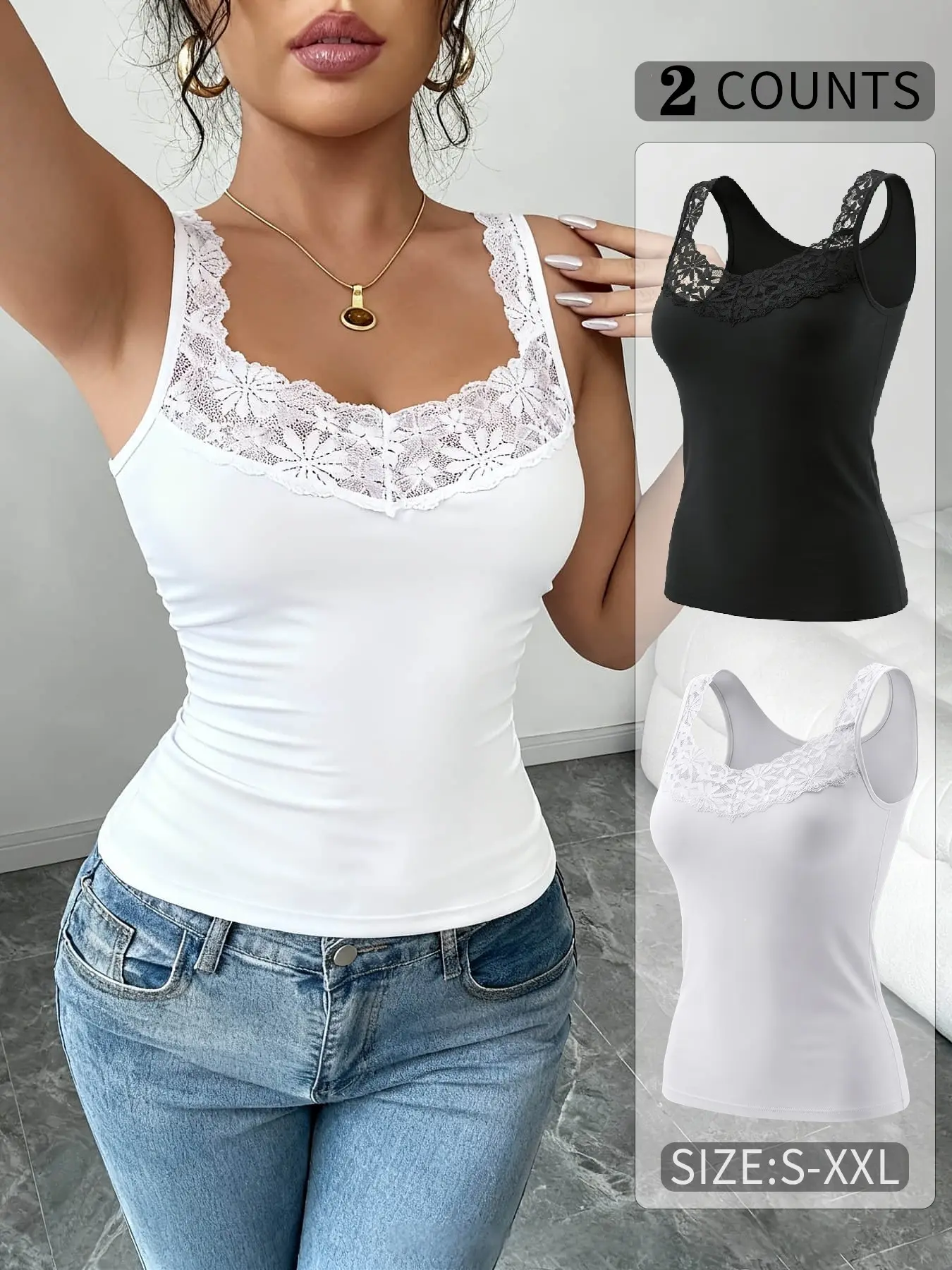 2pcs French Vintage Chic Elegant Lace Fitted Basic Sleeveless Tank Top Underwear, Perfect for Layering or Wearing Alone, Breathable & Comfy