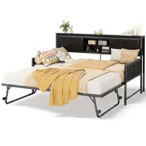 iSunirm Daybed with Trundle, Farmhouse Twin Day Bed with Bookcase Headboard and Charging Station, Heavy Duty Metal Sofa Bed Frame with Pop-up Trundle Bed for Living Room, Bedroom