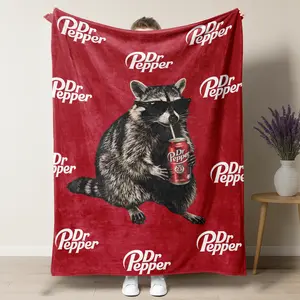 Viral Cool Raccoon Dr Pepper Throw Blanket, Realistic Raccoon with Sunglasses Drinking Soda Graphic, Soft Plush Flannel Blanket, Perfect Meme Gift for Raccoon & Dr Pepper Enthusiasts