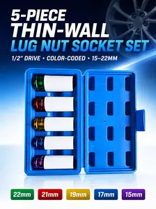 5-Piece Thin-Wall Lug Nut Socket Set, 1/2" Drive — Color-Coded for Alloy Wheels (15-22mm)