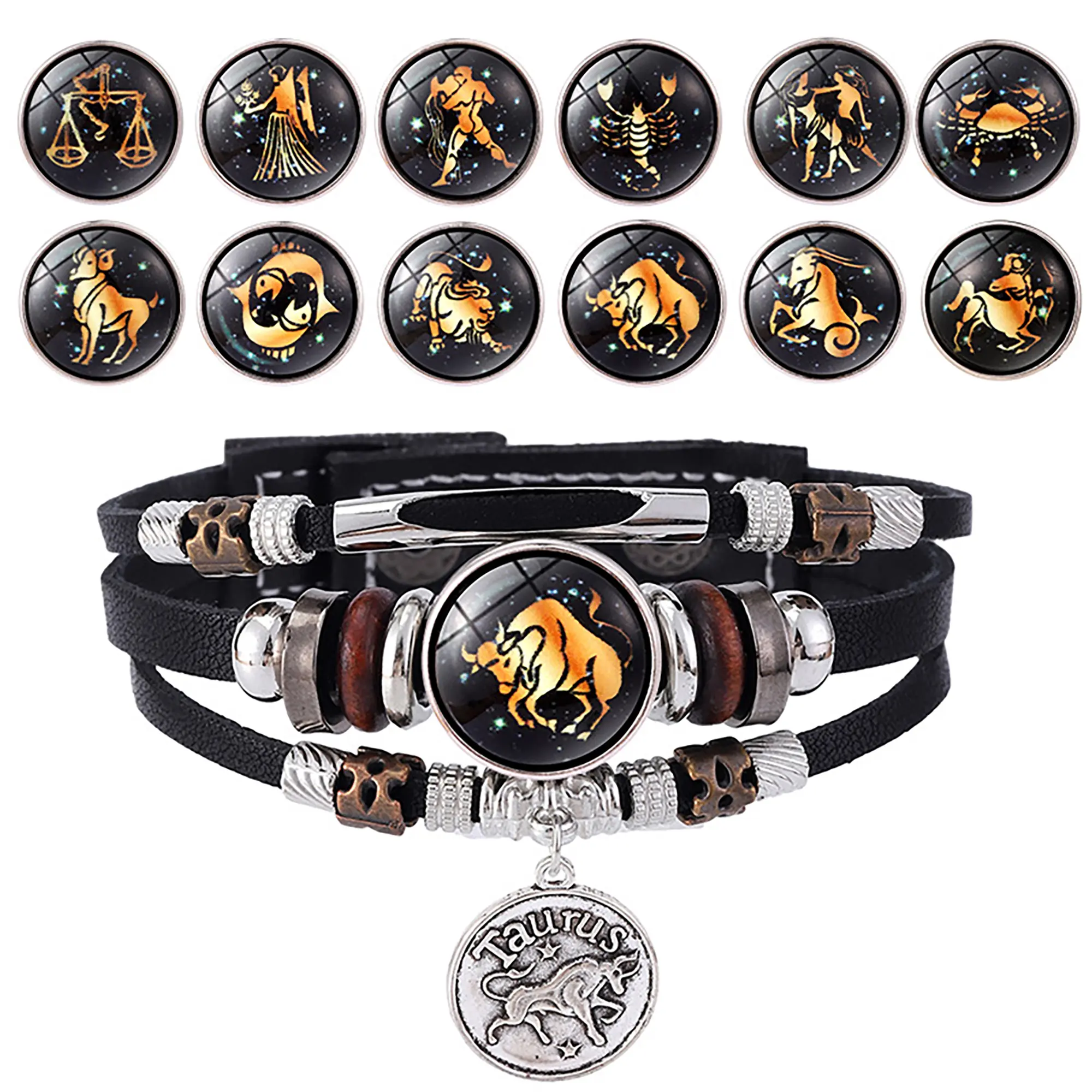 GGIRL Retro Luminous 12 Constellation Leather Bracelet for Men and Women Stylish Handmade Couples Gift Multi-layer Veaded Metal Cowboy Style Bracelet Creative Verstaile Hand Jewelry for Daily/Beach Party