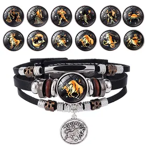 GGIRL Retro Luminous 12 Constellation Leather Bracelet for Men and Women Stylish Handmade Couples Gift Multi-layer Veaded Metal Cowboy Style Bracelet Creative Verstaile Hand Jewelry for Daily/Beach Party