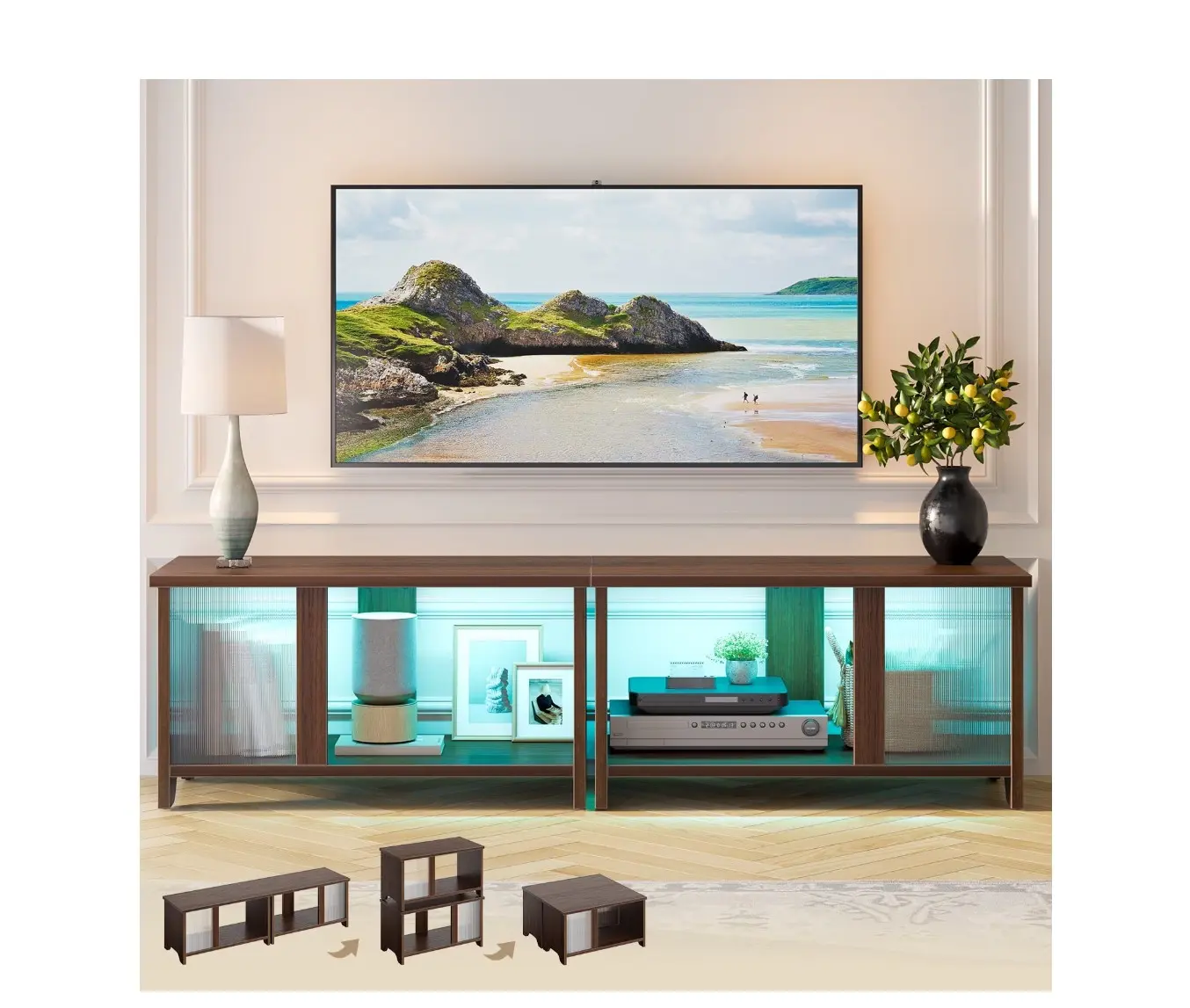 LED TV Stand for TVs up to 65'', Expandable Side by Side or Stacking TV Stand with Storage, Rustic
