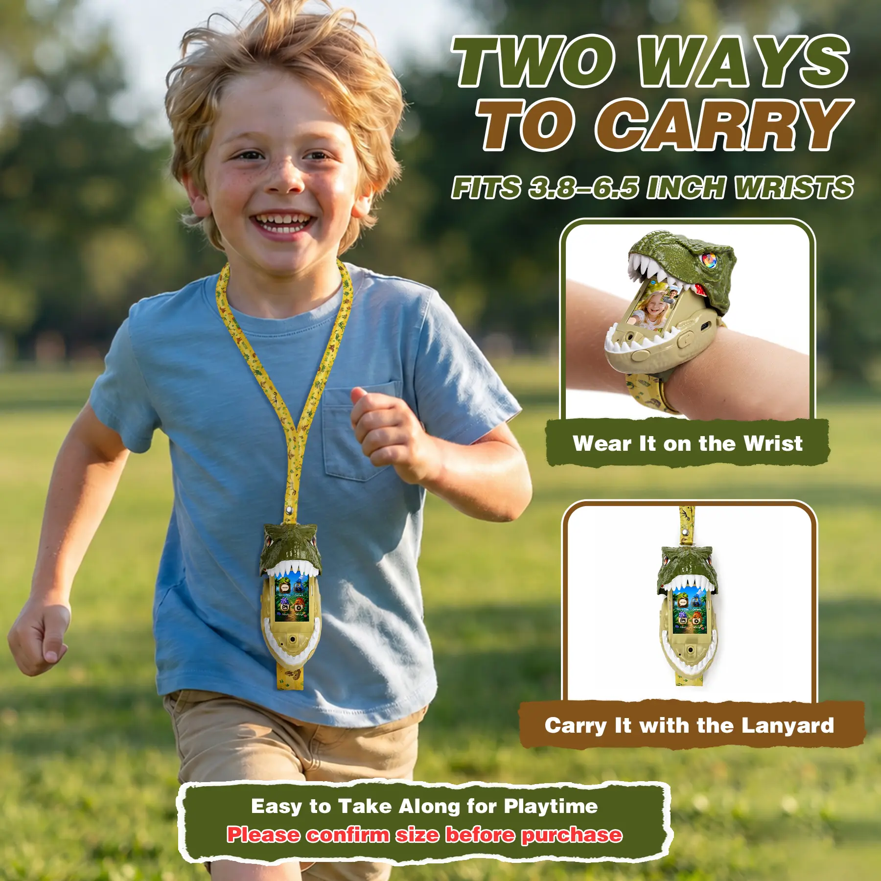 Kid carrying dinosaur video walkie talkie by wristband and lanyard