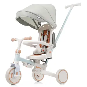 7 in 1 Baby Tricycle, Foldable Toddler Tricycle with Removable and Adjustable Parent Handle, Toddler Push Bike with Removable Pedal, Canopy, and Guardrail, Tricycle for 12-72 Months, blue