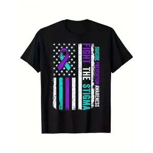 Suicide Prevention Awareness T-Shirt - Heavyweight 180gsm Cotton Tee with American Flag & Purple Teal Ribbon Design - Mental Health Advocacy Shirt for Men & Women - Ideal Suicide Prevention Gift for World Suicide Prevention Day Holidays -Holiday Apparel