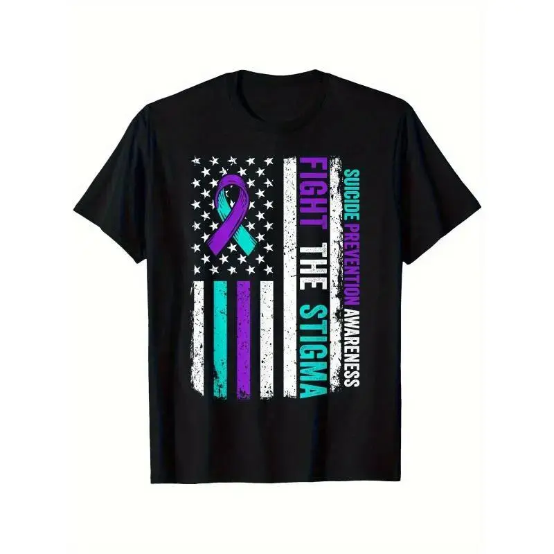 Suicide Prevention Awareness T-Shirt - Heavyweight 180gsm Cotton Tee with American Flag & Purple Teal Ribbon Design - Mental Health Advocacy Shirt for Men & Women - Ideal Suicide Prevention Gift for World Suicide Prevention Day Holidays -Holiday Apparel