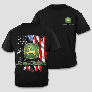 John Deere T-Shirt, Leaping Deer Green Yellow Logo Tee, American Flag Graphic Top, Distressed US Stars Stripes Shirt, Farm Tractor Machinery Gear, Patriotic Country Workwear, Men Women Short Sleeve Premium Black Cotton Apparel Gift For Farmer