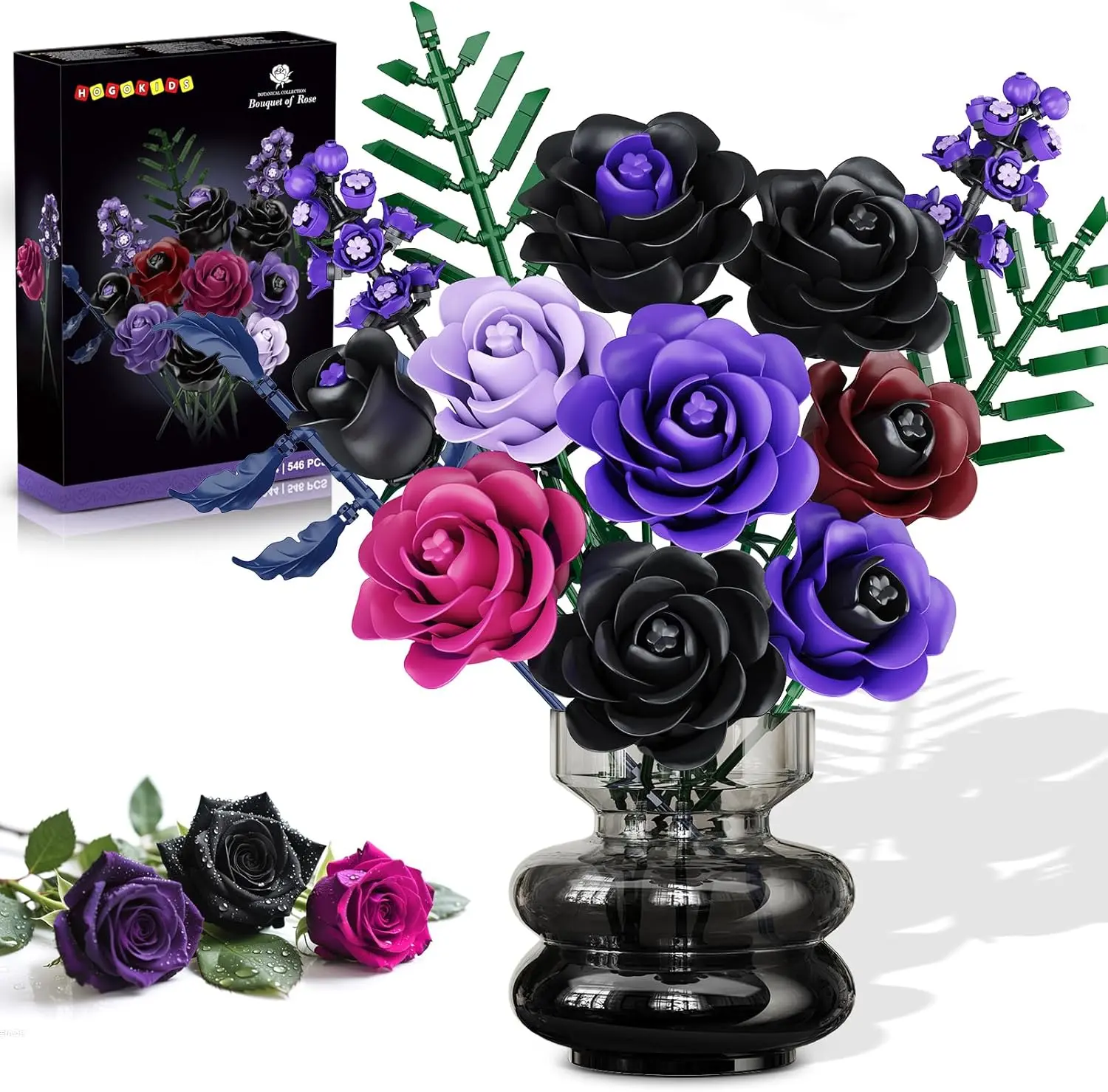 HOGOKIDS Purple & Black Rose Bouquet Building Set - 14 Pieces Botanical Collection 546PCS ABS Material for Home Office Decor & Gifts for Women Adults